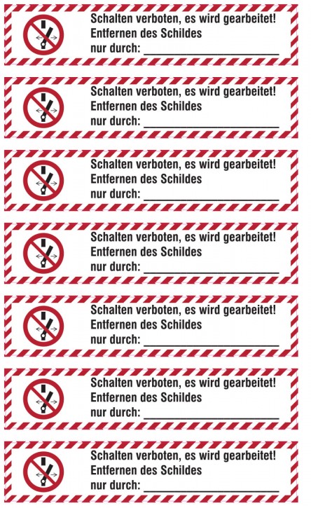Schalten verboten, es wird gearbeitet! – Sicherheitsaufkleber | 100 × 20 mm | selbstklebende PVC-Folie | 7 Stück je Bogen Schalten verboten, es wird gearbeitet! – Sicherheitsaufkleber | 100 × 20 mm | selbstklebende PVC-Folie | 7 Stück je Bogen