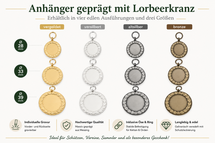 Anhänger mit Lorbeerkranz – massiv geprägt – in 4 Farben und 3 Größen erhältlich Anhänger mit Lorbeerkranz – massiv geprägt – in 4 Farben und 3 Größen erhältlich