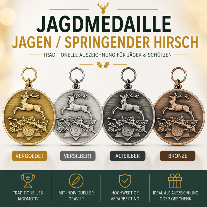 Jagdorden / Medaille „Jagen – Springender Hirsch“ – DEUMER Ø 39 mm Jagdorden / Medaille „Jagen – Springender Hirsch“ – DEUMER Ø 39 mm