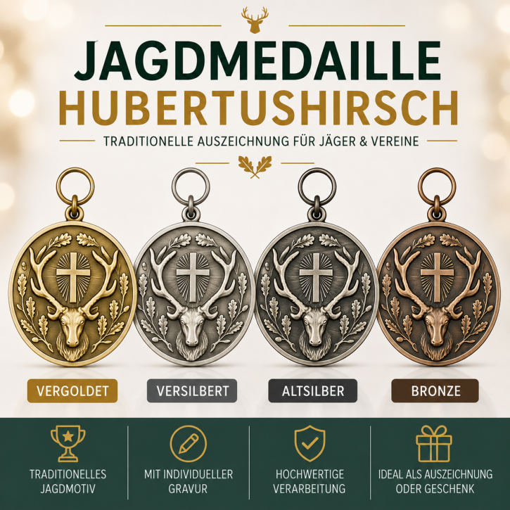 Jagdorden / Jagdmedaille „Hirsch mit Hubertuskreuz“ – DEUMER Ø 39 mm Jagdorden / Jagdmedaille „Hirsch mit Hubertuskreuz“ – DEUMER Ø 39 mm