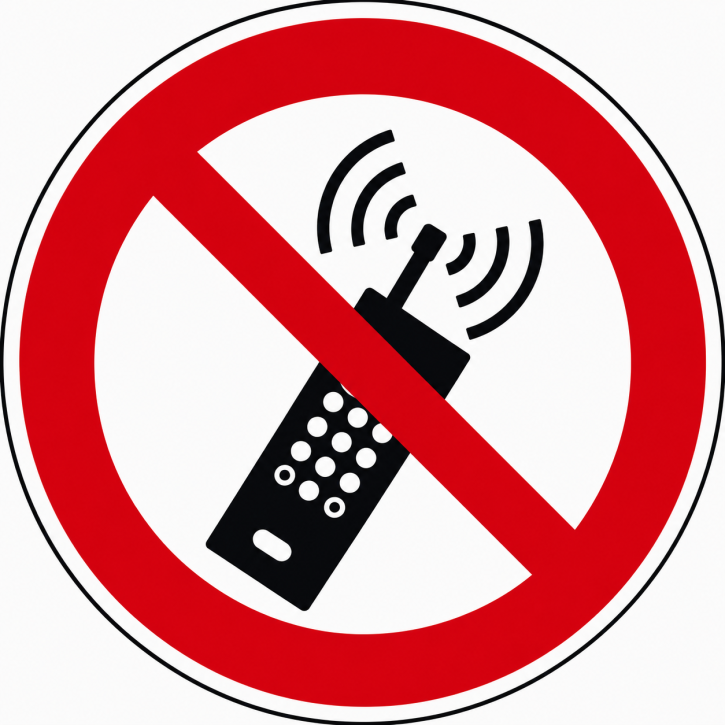 Verbotsschild „Eingeschaltete Mobiltelefone verboten“ – Folienaufkleber Ø 100 mm