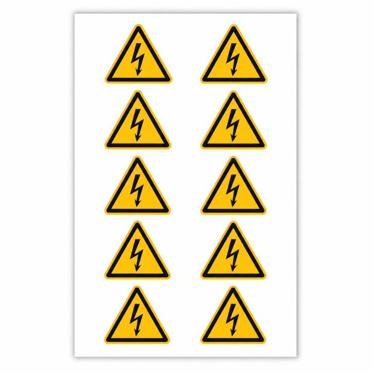 Warnschild „Warnung vor elektrischer Spannung“ nach DIN EN ISO 7010 (W012) SL 50 mm / 10 Stück auf Bogen
