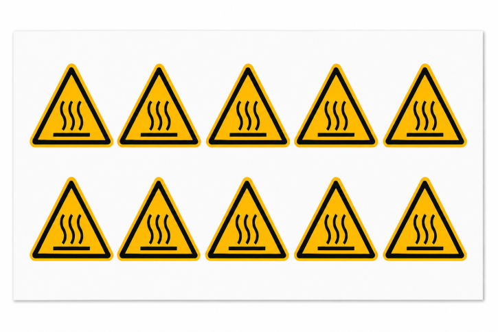 Warnschild „Warnung vor heißer Oberfläche" – ISO 7010 W017 - 50 mm / 10 Stück auf Bogen