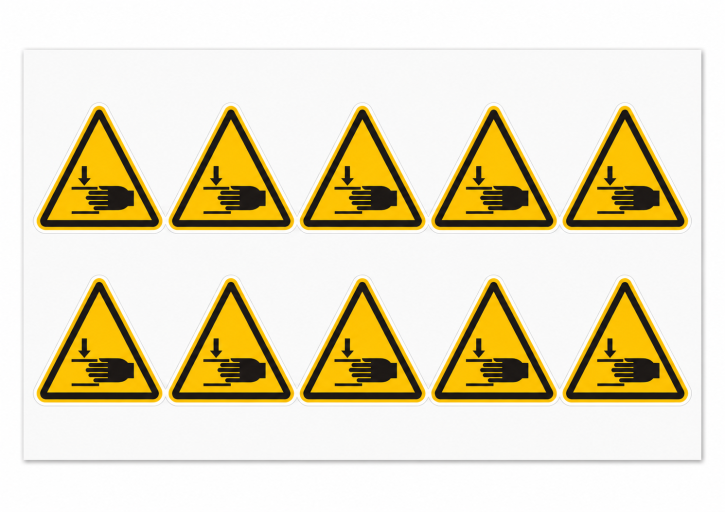 Warnschild "Warnung vor Handverletzungen" 50 mm / 10 Stück auf Bogen