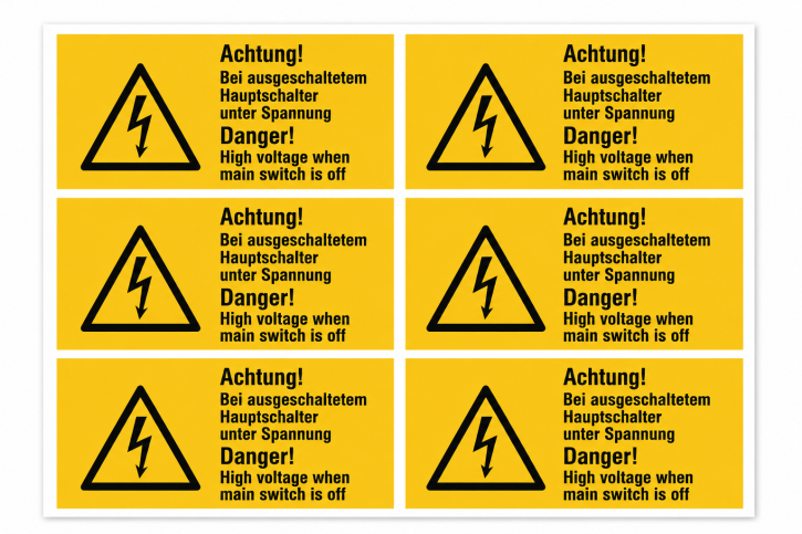 Warnschild „Achtung! Bei ausgeschaltetem Hauptschalter unter Spannung" – Deutsch / Englisch - 6 Stück auf Bogen