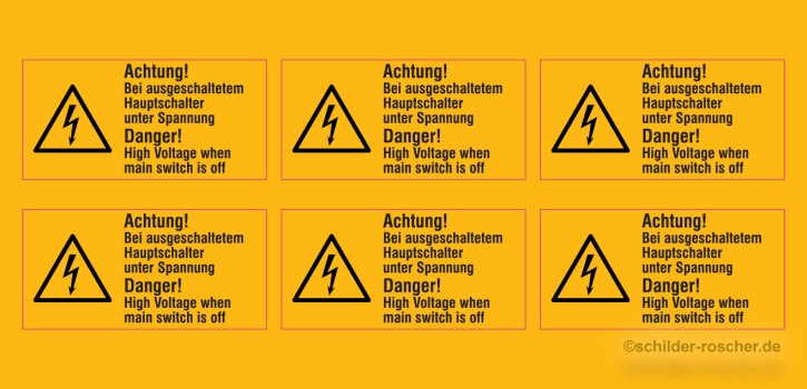 Warn-Kombischild "Achtung! Bei ausgeschaltetem Hauptschalter unter Spannung!" - Mehrsprachig / 65 x 32 mm / 6 Stück auf Bogen