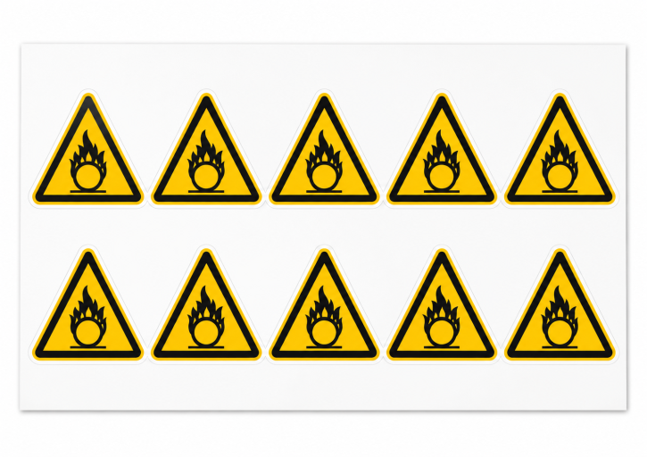 Warnschild "Warnung vor brandfördernden Stoffen" 50 mm / 10 Stück auf Bogen