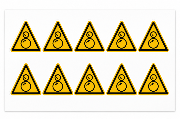 Warnschild "Warnung vor gegenläufigen Rollen" 50 mm / 10 Stück auf Bogen