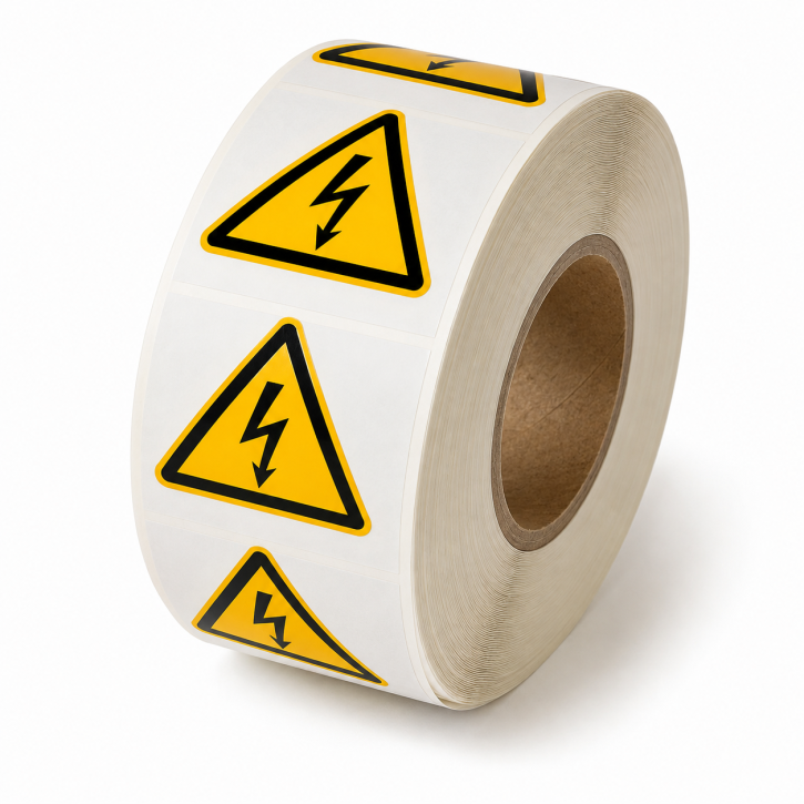 Warnschild „Warnung vor elektrischer Spannung“ nach DIN EN ISO 7010 (W012) SL 50 mm / 500 Stück auf Rolle