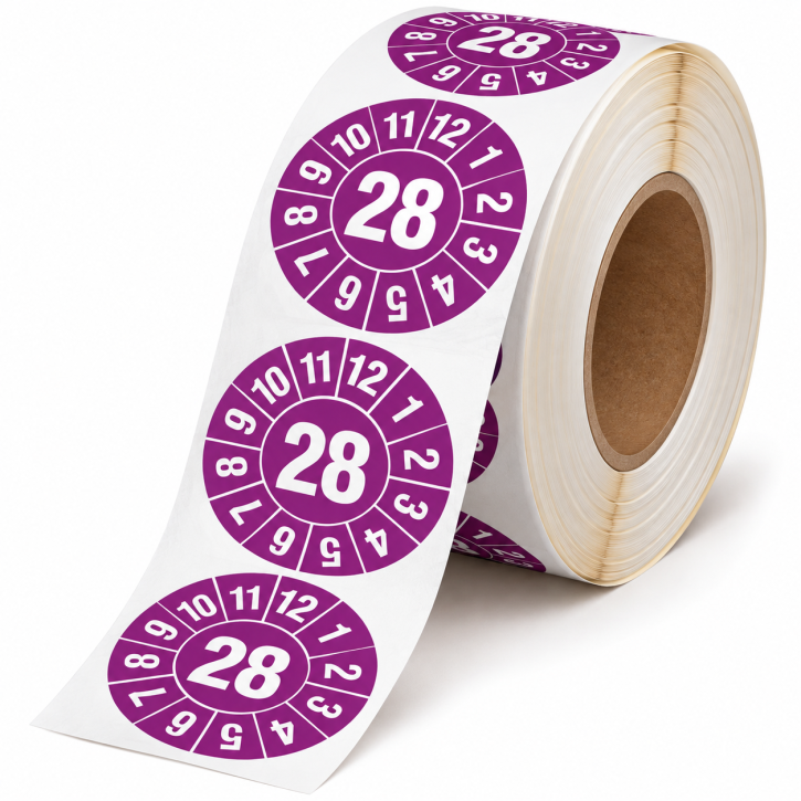Prüfplaketten 2028 – Ø 20 mm, Lila, 500 Stück auf Rolle, UV-Schutzlack