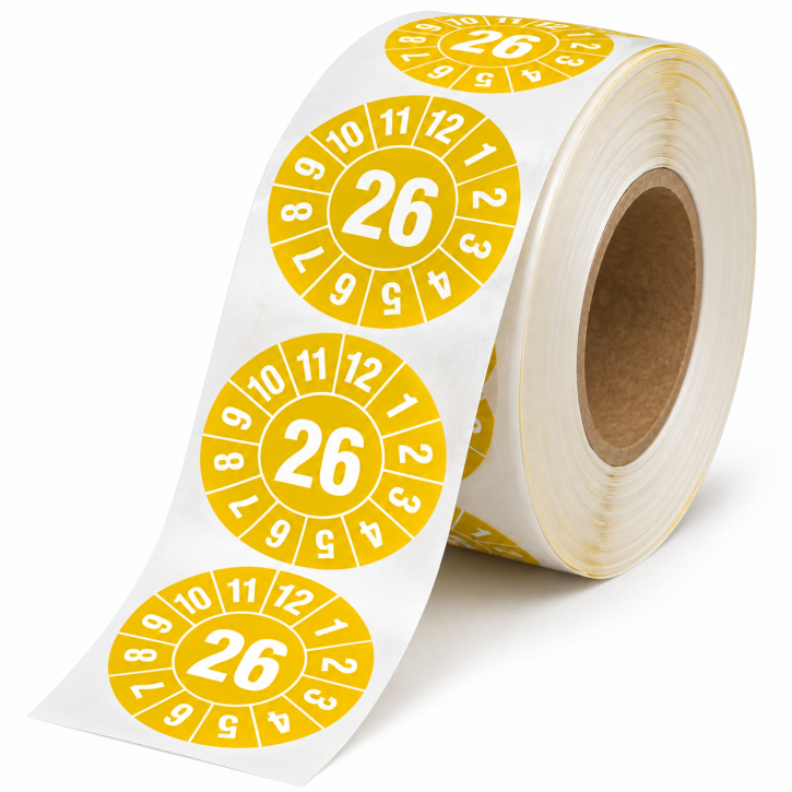 Prüfplaketten 2026 – Ø 20 mm, Gelb, 500 Stück auf Rolle, UV-Schutzlack