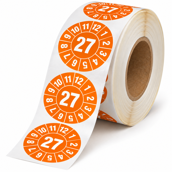 Prüfplaketten 2027 – Ø 20 mm, Orange, 500 Stück auf Rolle, UV-Schutzlack