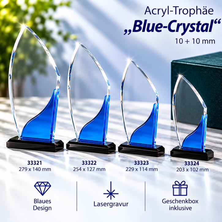 Acryl-Trophäe „Blue-Crystal“ mit Lasergravur – 4 Größen