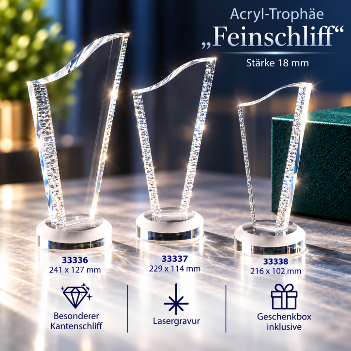 Acryl-Trophäe „Feinschliff“ mit Lasergravur – 18 mm stark