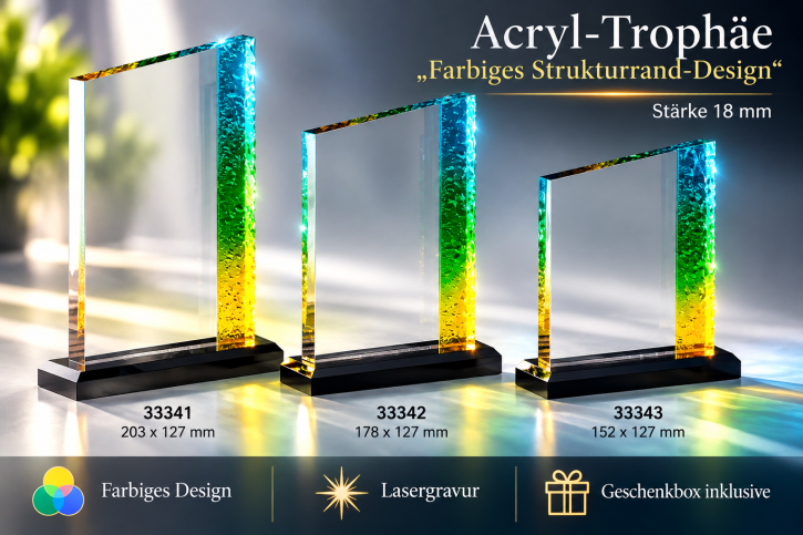Acryl-Trophäe mit farbigem Strukturrand & Lasergravur – 18 mm