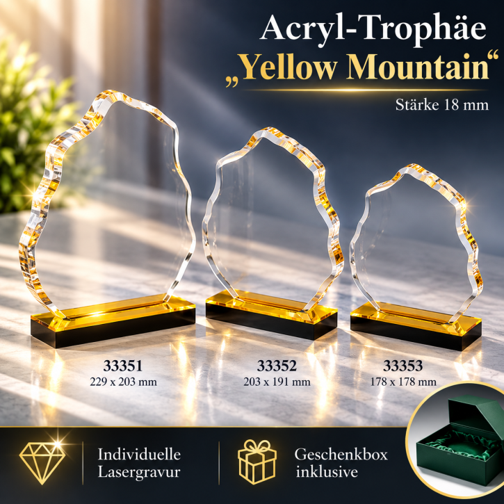 Acryl-Trophäe „Yellow Mountain“ mit Lasergravur – 18 mm stark