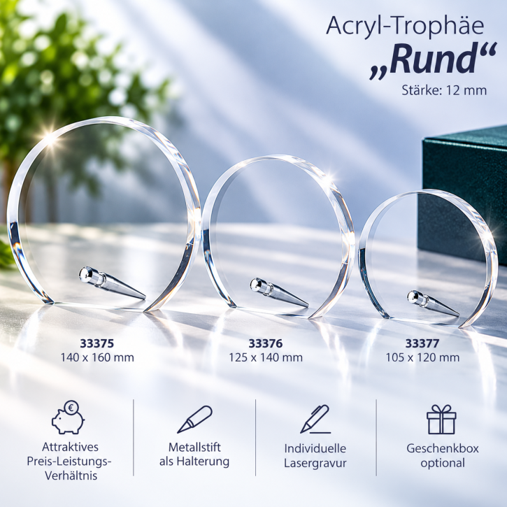 Acryl-Trophäe „Rund“ mit Metallstift & optionaler Gravur