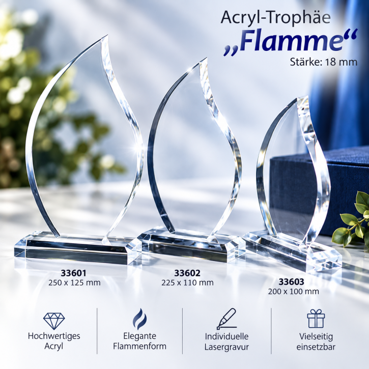 Acryl-Trophäe „Flamme“ mit Gravur – 3 Größen