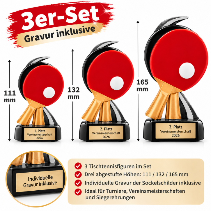 Tischtennis Resinfiguren 3er-Set – Ehrenpreise inkl. Gravur