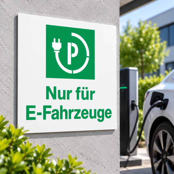 Parkplatzschild „Nur für E-Fahrzeuge“ – Aluminium-Dibond 460 × 460 mm