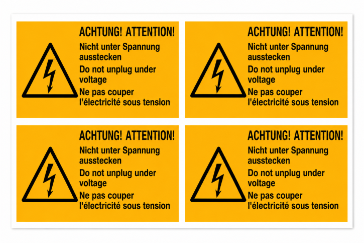 Warn-Kombischild „Achtung! Nicht unter Spannung ausstecken!" – Mehrsprachig
