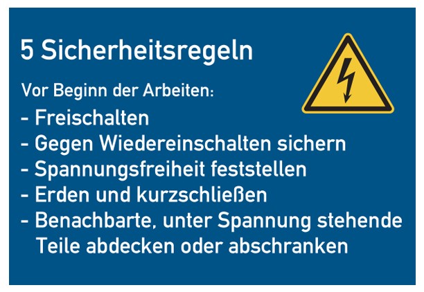 Gebotsschild, 5 Sicherheitsregeln - Elektrische Spannung, Aufkleber, Folie, 105 x 74 mm 5773