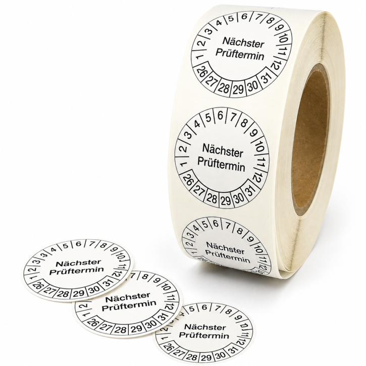 Prüfplaketten "Nächster Prüftermin" 30 mm auf Rolle – 500 Stück – UV-beständig