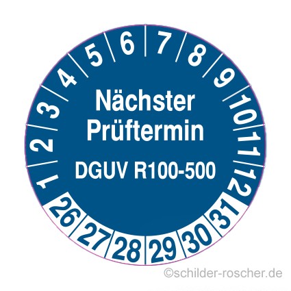 Prüfplaketten "Nächster Prüftermin DGUV R100-500" 30 mm auf Rolle – 500 Stück – UV-beständig