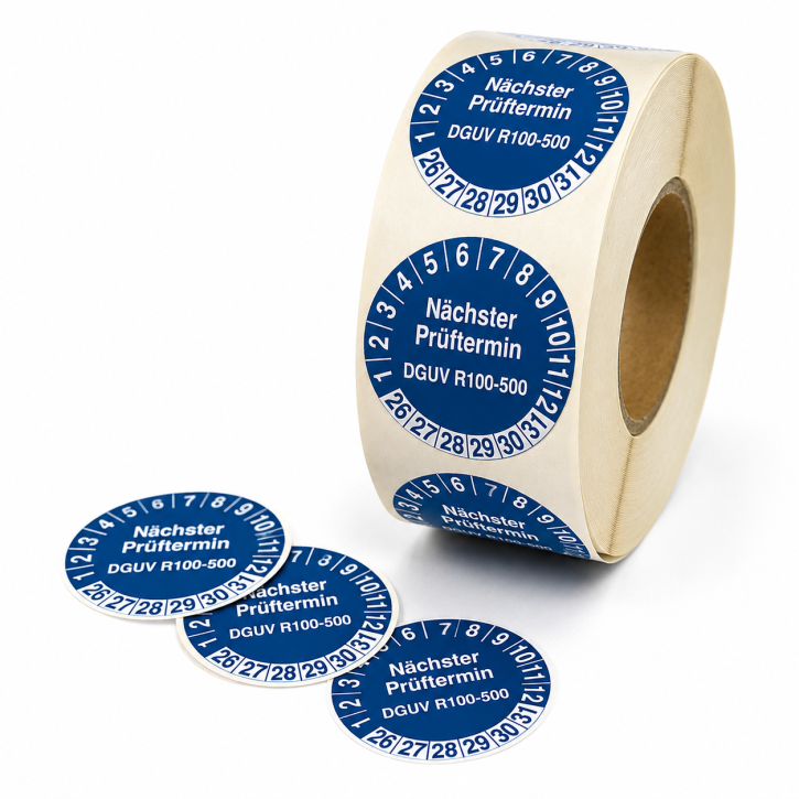 Prüfplaketten "Nächster Prüftermin DGUV R100-500" 30 mm auf Rolle – 500 Stück – UV-beständig
