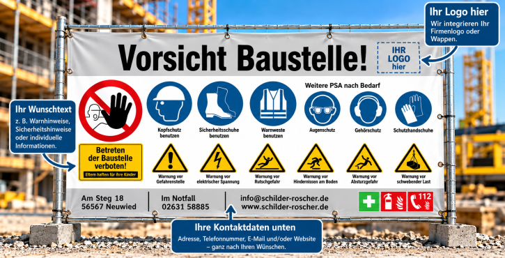 Bauzaunbanner |  Baustellenbanner mit Sicherheitszeichen | Individualisierbar