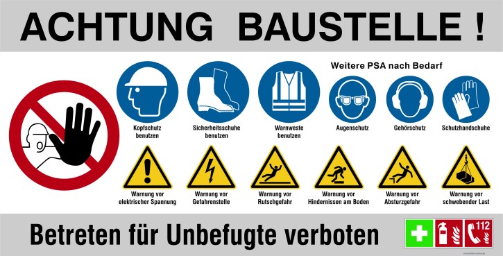 Bauzaunbanner | Baustellenbanner mit Sicherheitszeichen (Standardmotiv) grau Mesh-Banner 290 g/m² / 1700 x 865 mm