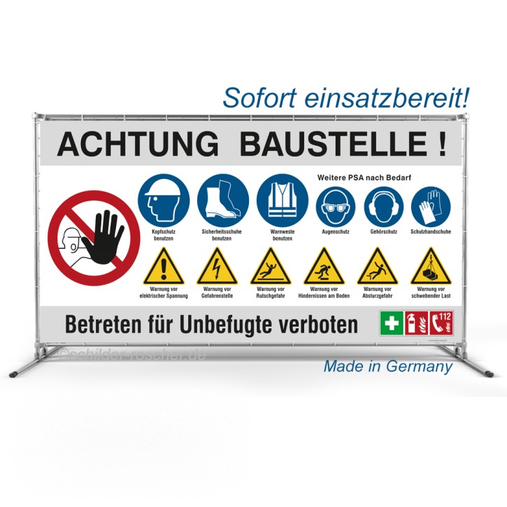 Bauzaunbanner | Baustellenbanner mit Sicherheitszeichen (Standardmotiv) grau