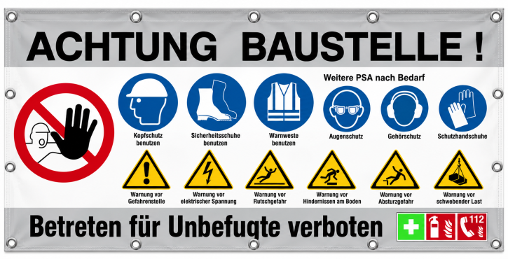 Bauzaunbanner | Baustellenbanner mit Sicherheitszeichen (Standardmotiv) grau