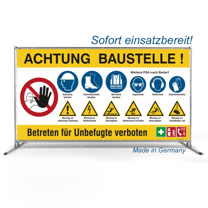 Bauzaunbanner | Baustellenbanner mit Sicherheitszeichen (Standardmotiv) gelb