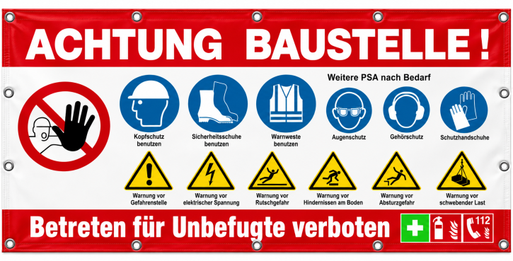 Bauzaunbanner | Baustellenbanner mit Sicherheitszeichen (Standardmotiv) rot Mesh-Banner 290 g/m² / 1700 x 865 mm
