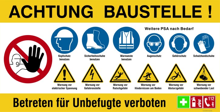 Bauzaunbanner | Baustellenbanner mit Sicherheitszeichen (Standardmotiv) gelb Mesh-Banner 290 g/m² / 1700 x 865 mm