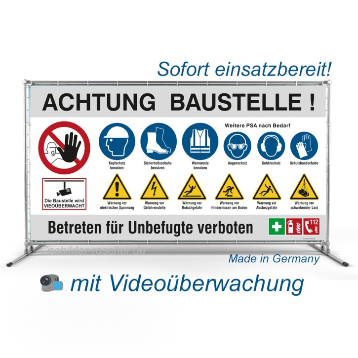 Bauzaunbanner Videoüberwachung | Baustellenbanner mit Sicherheitszeichen | grau Mesh-Banner 290 g/m² / 2550 x 1298 mm