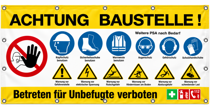 Bauzaunbanner | Baustellenbanner mit Sicherheitszeichen (Standardmotiv) gelb Mesh-Banner 290 g/m² / 2550 x 1298 mm