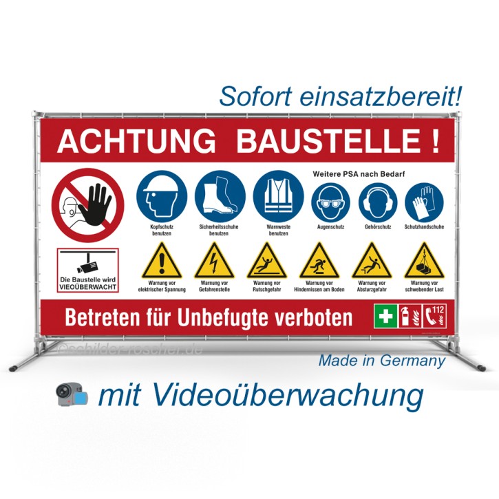 Bauzaunbanner Videoüberwachung | Baustellenbanner mit Sicherheitszeichen | rot Mesh-Banner 290 g/m² / 1700 x 865 mm