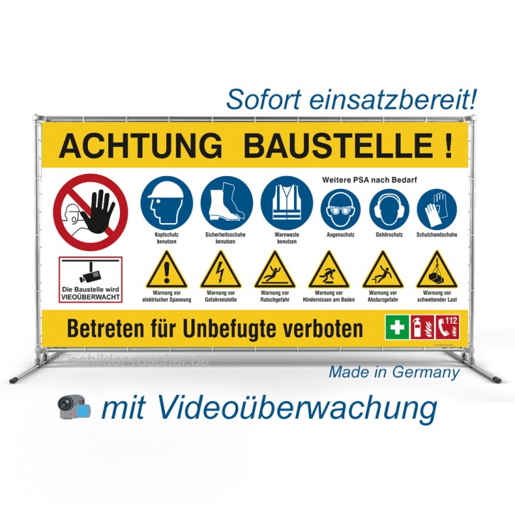 Bauzaunbanner Videoüberwachung | Baustellenbanner mit Sicherheitszeichen | gelb 3400 mm x 1730 mm / PVC-Frontlit-Banner 510 g/m² B1