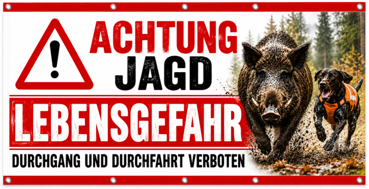 Jagdbanner „ACHTUNG JAGD – LEBENSGEFAHR“ 200 × 100 cm – Keiler / Wildschwein