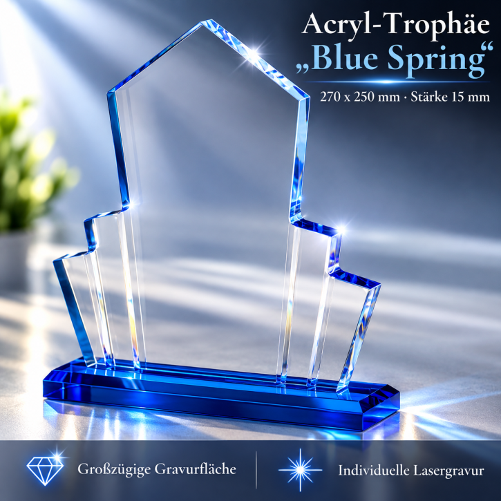 Acryl-Trophäe „Blue Spring“ mit Lasergravur – 270 × 250 mm