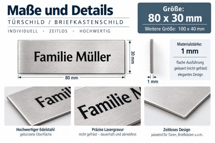 Gravurschild Edelstahl gelasert  80 x 30 mm