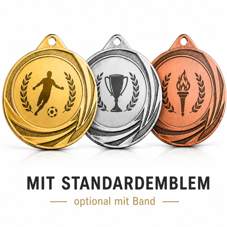 Zamak-Medaille Ø 70 mm – Gold, Silber & Bronze mit Sportemblem Zamak-Medaille Ø 70 mm – Gold, Silber & Bronze mit Sportemblem