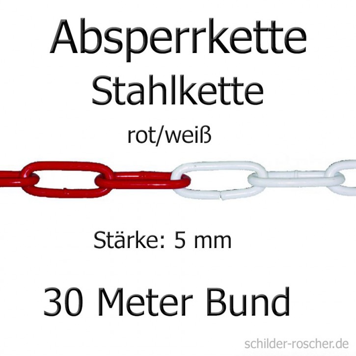 Absperrkette Stahlkette - Metall rot-weiß, 6 mm Gliederstärke, 30 Meter Bund