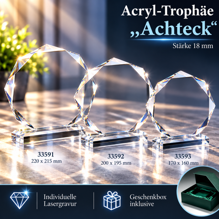 Acryl-Trophäe „Achteck“ mit Lasergravur – 18 mm stark
