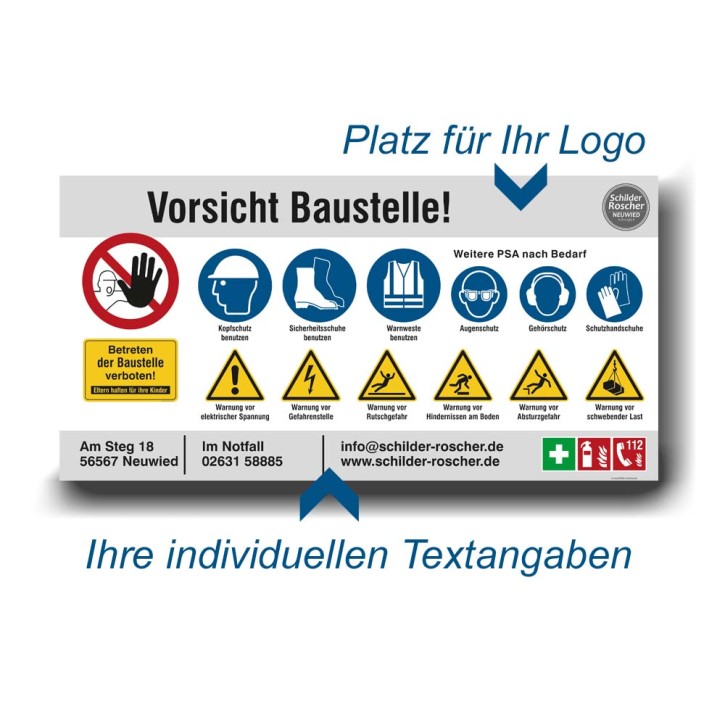 Bauzaunbanner |  Baustellenbanner mit Sicherheitszeichen | Individualisierbar Mesh-Banner 290 g/m² / 2550 x 1298 mm