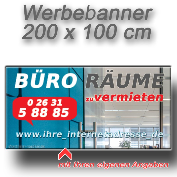 Werbebanner "Büroräume zu vermieten" 200 × 100 cm – Standardmotiv | Optional individuell gestaltbar