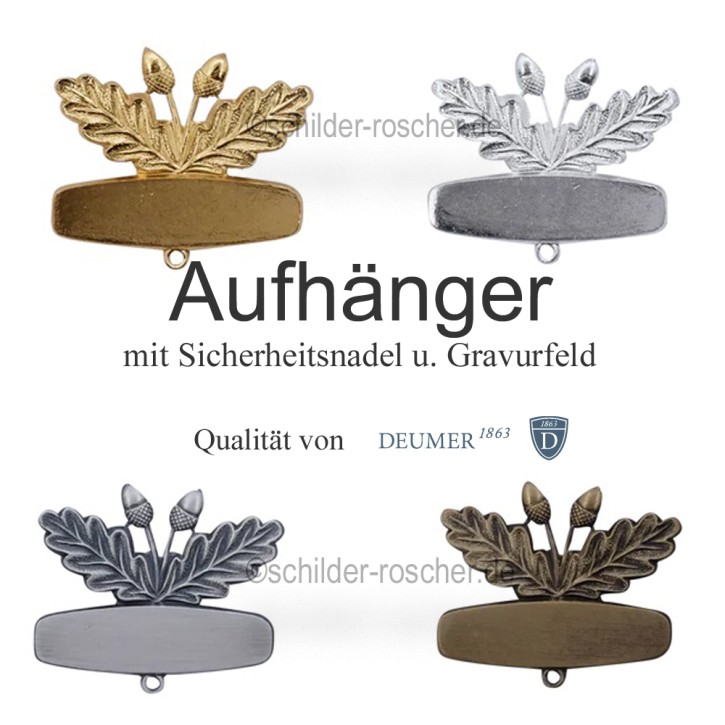 Eichblatt Aufhänger / Befestigung, mit  Scharniernadel und Gravurfläche 40201