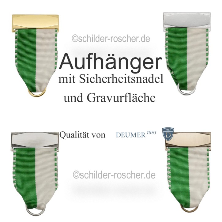 Aufhänger-Bandhalter, grün-weiß mit Scharniernadel und Gravurfläche 40411 versch. Ausführungen